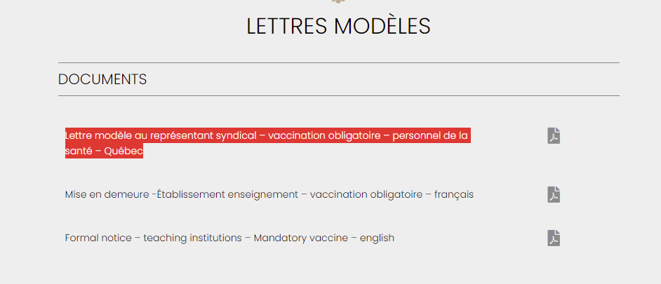 Lettre modèle au représentant syndical – vaccination obligatoire – personnel de la santé – Québec