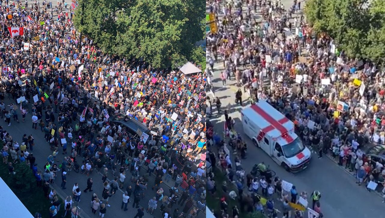 Des milliers de personnes protestent contre les passeports vaccinaux devant les hôpitaux de la Colombie-Britannique.
